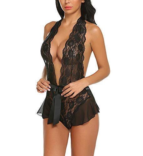 Avidlove Women One Piece Teddy Lingerie Deep V Lace Chemise Mesh Babydoll Black Large