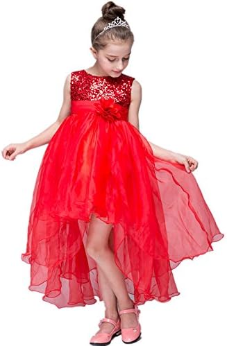Azhido Kids Flower Sequins Occasion Tailing Dress Girls Pageant Size 6 To 12 (10, Red)