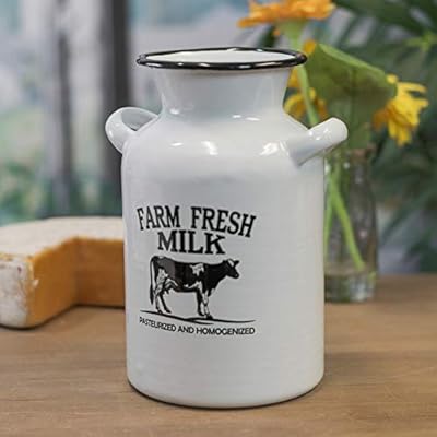 Enamel White Farm Fresh Milk Jug Decor Metal Black/White