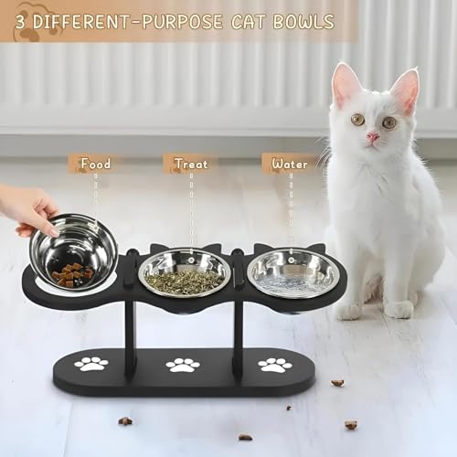Last page® Raised Feeding Bowl, Cat and Dog Indoor with Black Stand, 3 Stainless Steel Adjustable Height Pet Feeding Set, 15° Tilt Raised Dog Bowl Stand (Black)