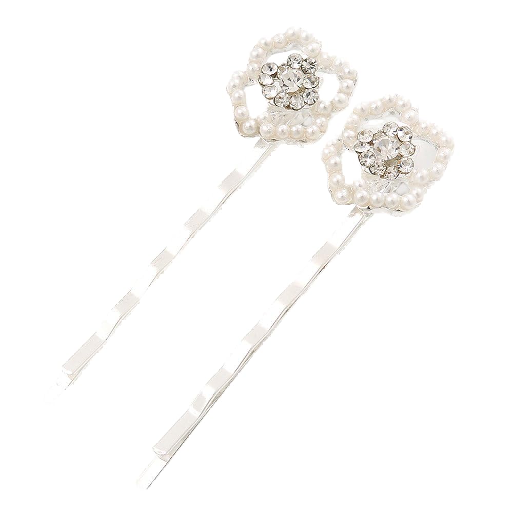 Avalaya 2 Simulated Pearl Open Rose Hair Grips/Slides in Silver Tone/ 60mm Across