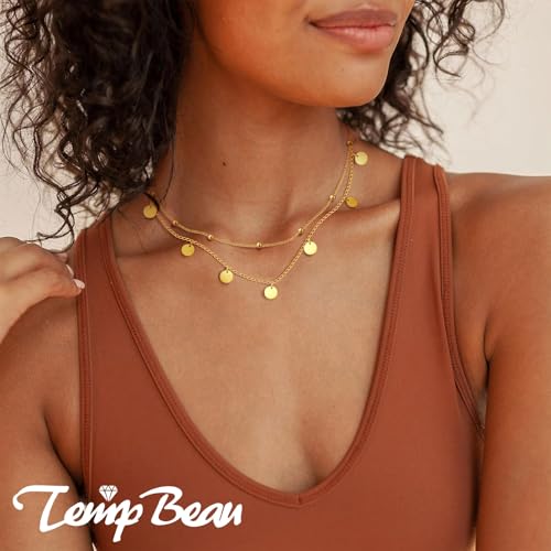 TempBeau Halskette Damen mit Kleinen Runden Plättchen, 18K Vergoldet Halsketten für Frauen aus Edelstahl, Layering Kette Damen 40+5 CM für Geburtstag Muttertag Jahrestag Geschenk (Runde Marke) thumbnail 2