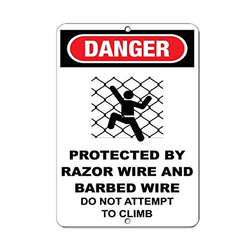 OSWALDO Danger Protected by Razor & Barbed Wire Hazard Sign Aluminum Metal Sign - 8x12 inch