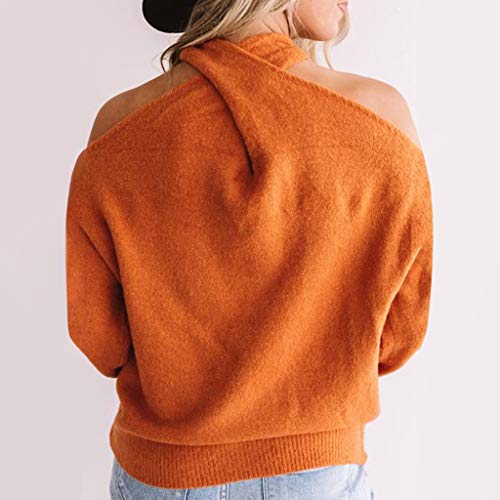 Aunimeify Fashion Women's Solid Halterneck Off Shoulder Long Sleeves Sweater Blouse Tops Orange