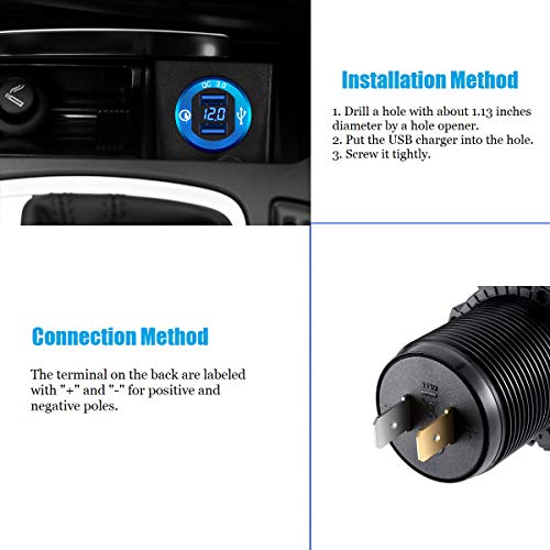 YONHAN Quick Charge 3.0 Dual USB Charger Socket, Waterproof Power Outlet Fast Charge with LED Voltmeter & Wire Fuse DIY Kit for 12V/24V Car Boat Marine ATV Bus Truck and More - Deep Blue
