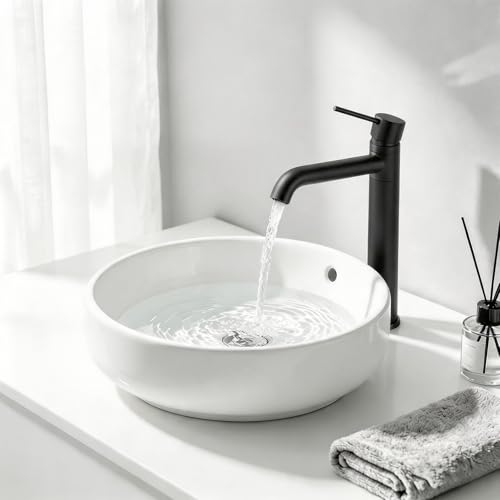 DETBOM 360° Swivel High Basin Mixer Tap Single Lever Hot and Cold Water, Bathroom Mixer Tap 304 Stainless Steel, Removable Aerator, Black
