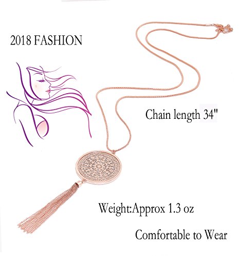 MOLOCH Long Necklaces For Woman Disk Circle Pendant Necklaces Tassel Fringe Necklace Set Statement Pendant (rose gold)