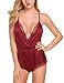 ADOME Women Lingerie Bodysuit V Neck Teddy Lace Babydoll Satin Pajamas Nightwear (M, Wine Red)