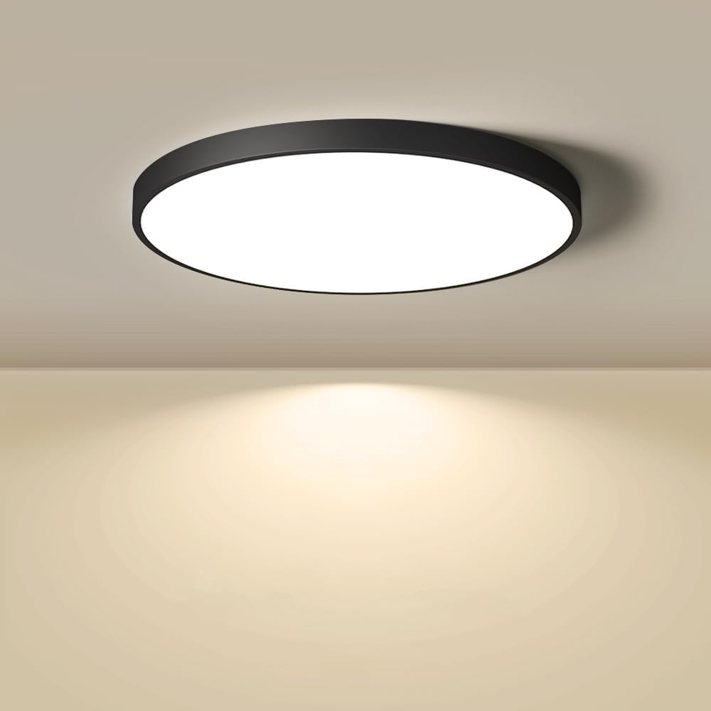 8.9in/23cm 18W LED Flush Mount Ceiling Light, 2800K Warm White Bathroom Light, 1800LM, Black Round Ceiling Lights, 180W Equivalent Ceiling Lamp for Closets, Kitchens, Hallway, Bedrooms, etc.