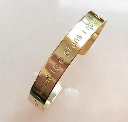 Personalized Hand Stamped Solid Brass Bracelet, Custom Gold Tone Cuff, Personalize With Your Words, Name, ID, Quote, Mantra, Inspirational, Bible Verse - I know the Plans i have for you says the Lord