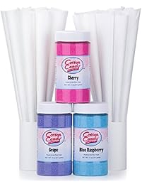 Cotton Candy Express Fun Pack | Kit Features Cherry, Blue Raspberry & Grape Floss Sugars (11 oz Each) & 50 Paper Cones | Best Cotton Candy Maker Supplies | For Home or Commercial Use