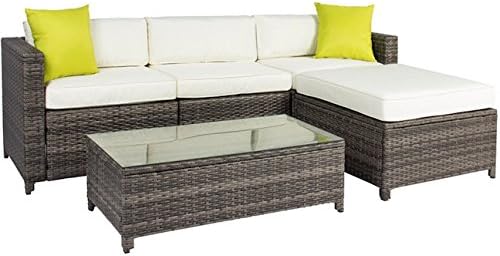 5 PCS Rattan Grey Patio Wicker Sofa Set Chair Tempered Glass Coffee Table Ottoman Outdoor Garden Deck Backyard Yard Porches Poolside Cushioned Sectional Comfortable Seat Pool Side Furniture