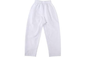Libaobaoyo Unisex Kids Karate Pants White Cotton Blend Taekwondo Elastic Waist Lightweight Trousers