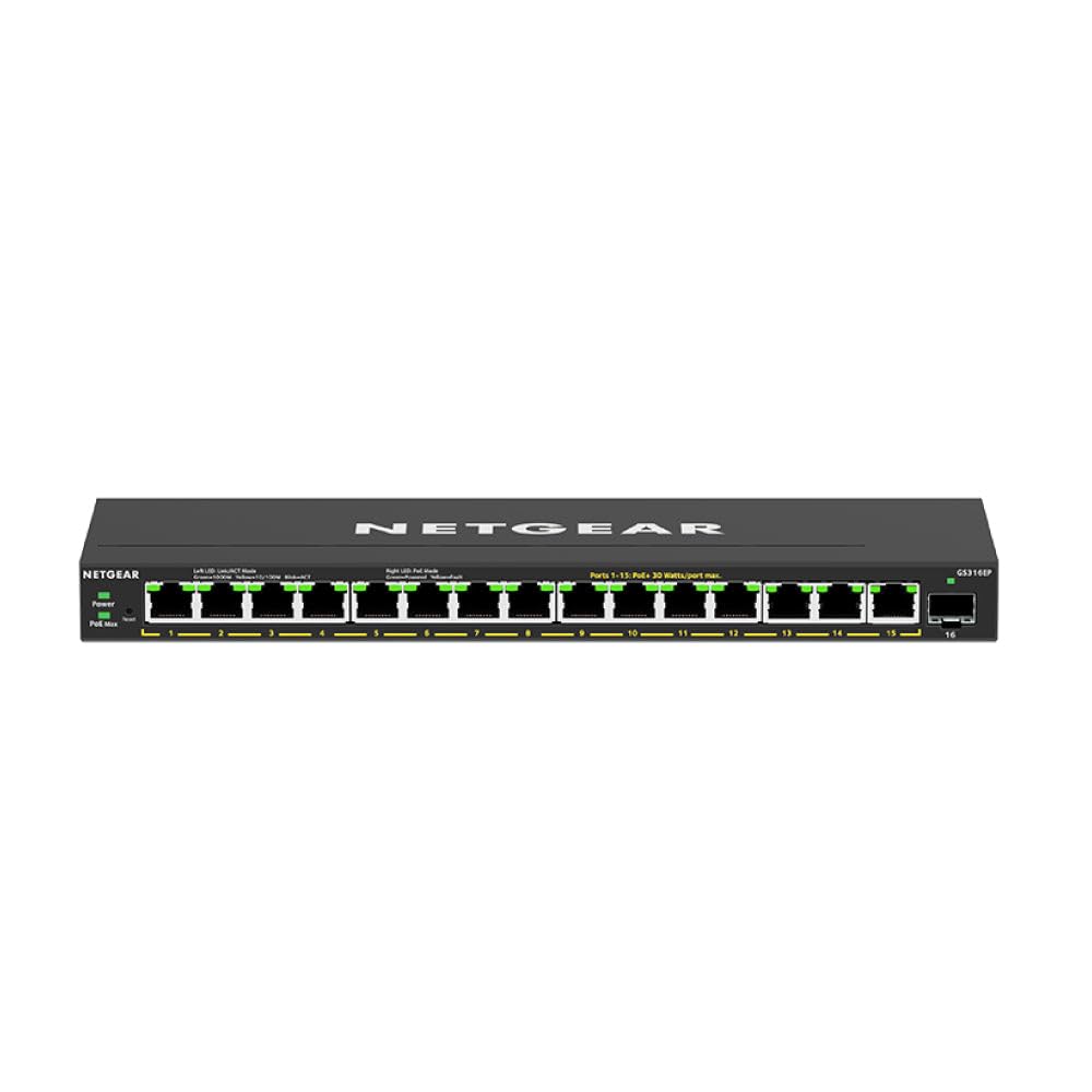 NETGEAR 16-Port PoE Gigabit Ethernet Plus Switch (GS316EP) - Managed with 15 x PoE+ @ 180W, 1 x 1G SFP Port, Desktop/Wall Mount
