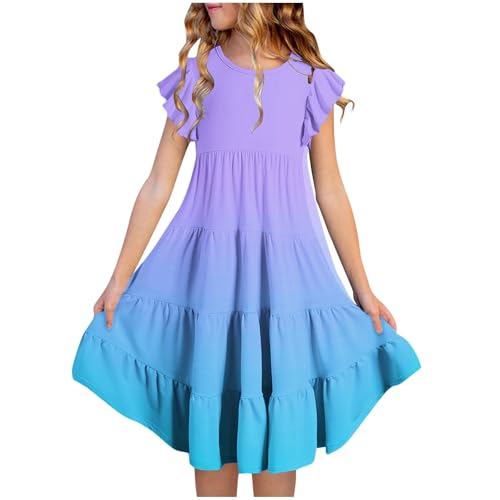 MXTPOV Dresses for Girls Trendy Double Layer Flutter Sleeve Gradient Midi Dress Casual Flowy A-Line Sundress Blue Summer Dress for Girls Size 6-7