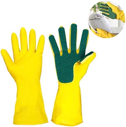 Surenhap Latex Washing Cleaning Gloves Magic Reusable 1 Pair Home Sponge Dishwashing Cleaning Gloves with Scouring Cloth Kitchen Tool Dish Washing Car Household