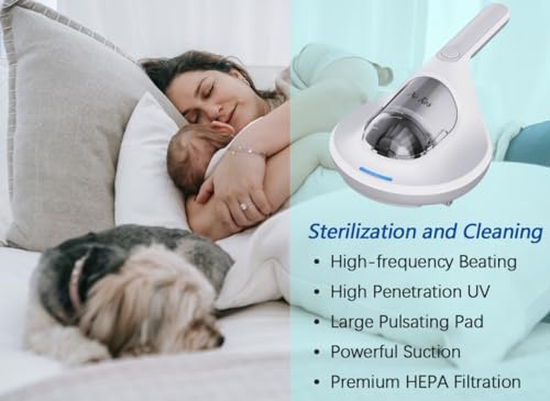 Bed Vacuum Cleaner Mattress Vacuum with 253.7nm UV-C Light & 12kpa Suction, Anti-Allergen Vacuum Cleaner High Frequency Beating & True Hepa, Deep Cleaning Remove dust & pet Hair, NR003