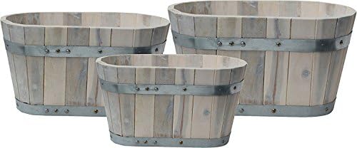 Happy Planter HP301 Wood Barrel Outdoor Planter, Set of 3 Planters,  Color: White Oak