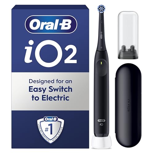 Oral-B iO2 Electric Toothbrush, 1 Gentle Care Toothbrush Head, 1 Travel Case, 1 Travel Refill Holder, Oral B Toothbrush Adults (Night Black), Designed by Braun, 2 Pin UK Plug
