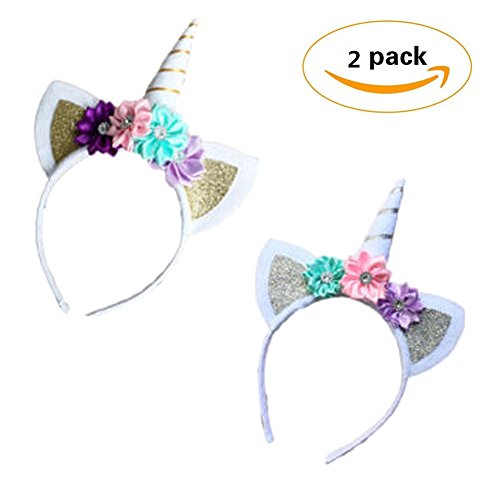 Solvang Cute Shiny Unicorn Horn Flower Headband Kids Hair Hoop Fancy Dress Cosplay Princess Birthday Party Headwear Decorative (2PCS-D)