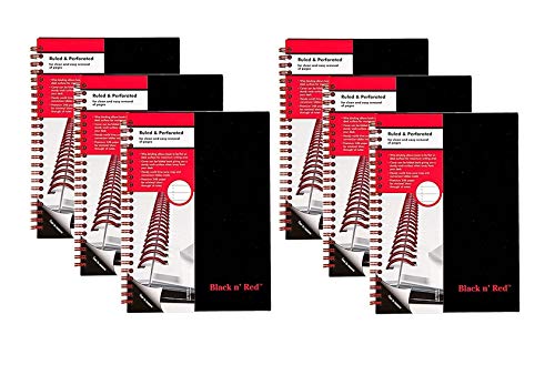 cuaderno de tapa dura con espiral doble black n 'red, mediano, negro / rojo, 70 hojas con rayas, paquete de 6 