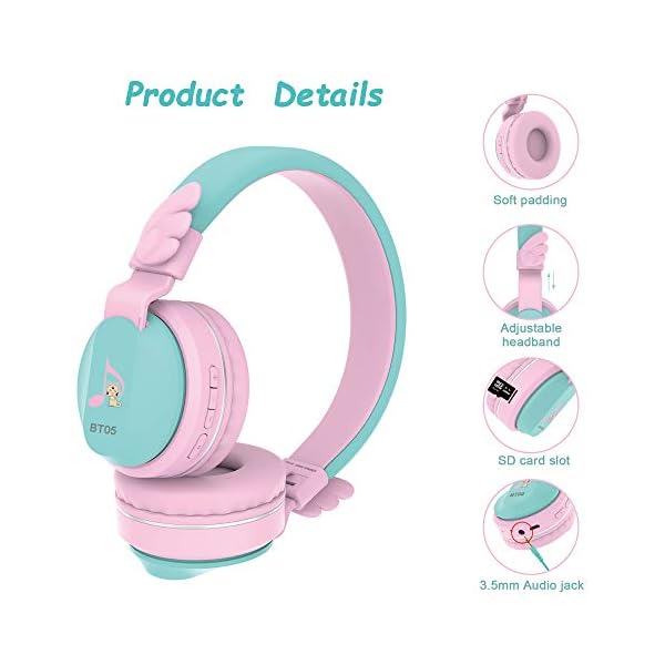 Headphones-Riwbox-BT05-Wings-Kids-Headphones-Wireless-Bluetooth-Over-Ear-85dB103db-Volume-Control-Children-Foldable-Headphones-with-MicTF-Card-Compatible-with-TabletSmartphoneSchool-PinkGreen Riwbox Headphones, BT05 Wings Kids Headphones Wireless Bluetooth Over Ear 85dB/103db Volume Control Children Foldable…