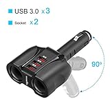 Rocketek 2-Socket 3-Port QC 3.0 Car Charger Cigarette Lighter Splitter, 90W 12V/24V DC Outlet Multi Socket Car Cigarette Lighter Adapter Support up to Cellphone/Nintendo Switch/Tablet/GPS/DashCam etc