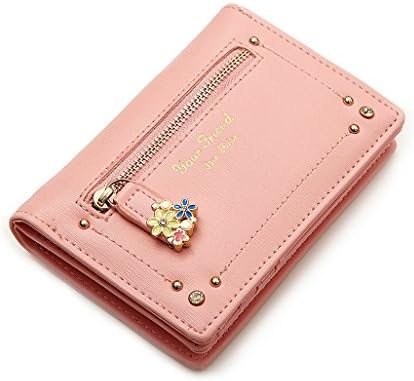 Women's Stylish Long/short Rivet Cute Candy Color Big Capacity Leather Floral Zipper Snap Button Bifold Clutch Bag Wallet Purse Cell Phone Case Cover Billfold Pouch with Multiple Card Slots &amp; Paper Money Pocket &amp; Coin Zipper Pockets Etc. (Square, Pink)