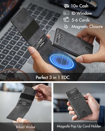 3-in-1 Magnetic Magsafe Wallet for Men, Pop Up Bifold Wallet, RFID Blocking Minimalist Front Pocket Card Holder, Holds 6-7 Cards & Cash, Ultra Slim, Ideal Gift for Men (Grey)