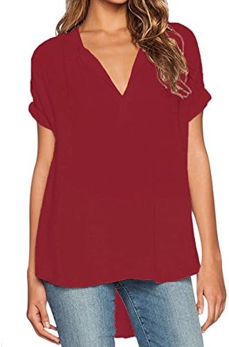 TOUQIANMAO Women Summer V Neck Short Sleeve Casual Chiffon Blouse Oversize Top Shirts Large Wine