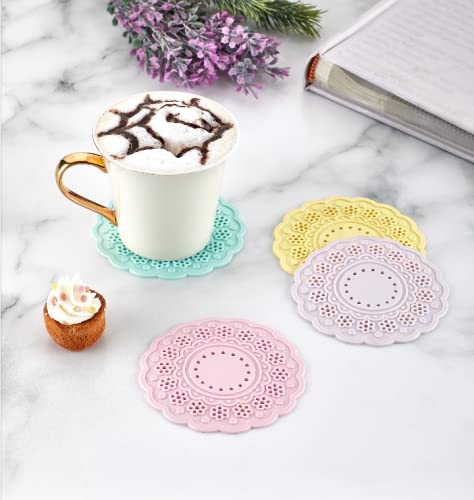 Pack 6 Pretty Pastels LACE DRINKS COASTERS -Non Slip Beverage Coaster, Silicone Coaster, Hot Drinks COaster (PK6 LACE Silicone)