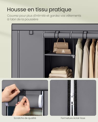 Armoire Chambre, Porte-vêtements, Penderie, avec Housse en Tissu Non-tissé, Tringles, Étagères, 45 x 130 x 168 cm, Grande Capacité, Gris Tourterelle RYG096G01