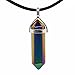 Justinstones Metallic Rainbow Coated Hematite Gemstone Hexagonal Pointed Reiki Chakra Pendant Genuine Leather Necklace 18 Inch