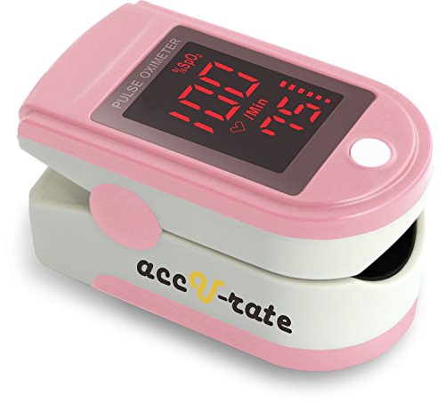 Acc U Rate Pro Series CMS 500DL Fingertip Pulse Oximeter Blood Oxygen Saturation Monitor with silicon cover, batteries and lanyard, Blushing Pink