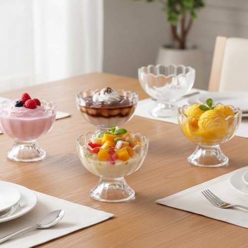 Jogo 6 Taças de Sobremesa de Vidro 125ml – Taças para Sorvete, Mousse e Pudim com Design Ondulado Elegante – Taça de Vidro para Sobremesas Premium