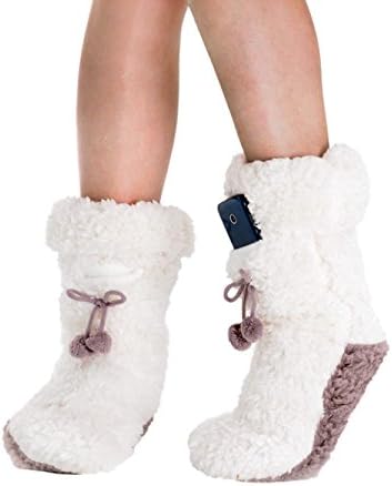 Fluffy Fleece Cream Taupe Womens Slipper Socks Phone Pocket and Pom Poms Sizes: Large