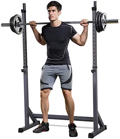 zazza95shop Adjustable Home Sturdy Grey Squat Rack Stand Barbell Free Weight Press Bench Gym Steel Solid Fitness Equipment Training Crossfit Pair Lifting Standard