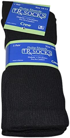 Mens Diabetic Socks Non-Binding Crew, Black 10-13, 3 Pairs