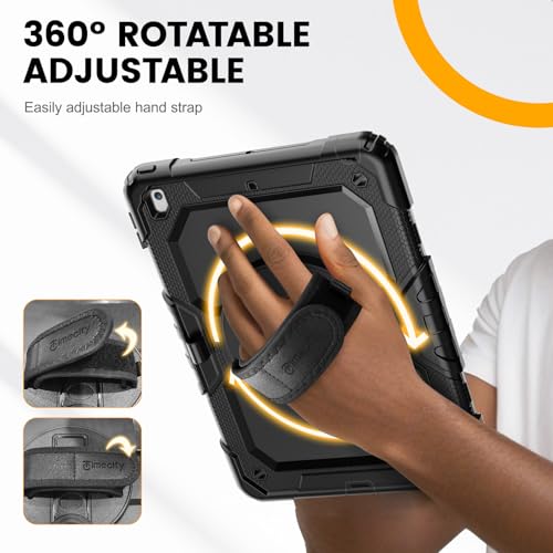 Timecity Case for iPad 9th/8th/7th Generation 10.2 '', Shockproof Rugged case with Screen Protector & 360° Rotating Stand Pen Holder Hand/Shoulder Strap for iPad 10.2 inch Case 2021/2020/2019 -Black