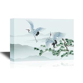Canvas Wall Art - Watercolor Style - Pair of Cranes and Pine Tree - Gallery Wrap Modern Home Art | Ready to Hang - 12x18 inches