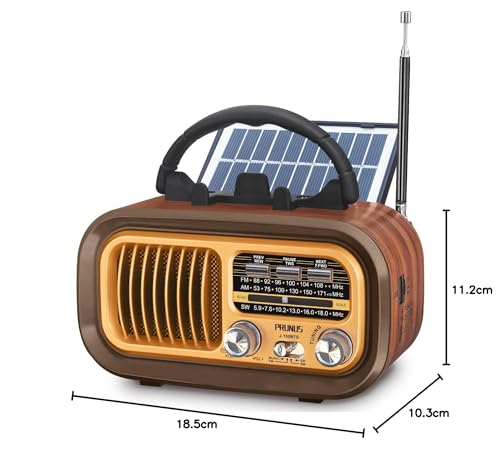 PRUNUS J-150 Vintage Retro FM/Am/SW Radio, Rechargeable Small Portable Radio 1200mAh, or Works with 2 D Batteries, with Solar Panel, Transistors Radios with Bluetooth, USB/TF Player of 5W.