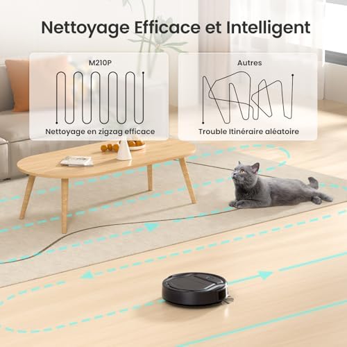 Aspirateur Robot, Robot Aspirateur Mince Silencieux Connecté avec WiFi/Bluetooth/Alexa/App, 6 Modes de Nettoyage, Auto-Charge, 120min d'Autonomie, Idéal pour Poils d'animaux Sols Durs, M210P
