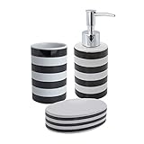 Harbour Housewares 3 Piece Bathroom Accessory Set - Soap Pump Dispenser & Dish & Toothbrush Tumbler - Black Stripe