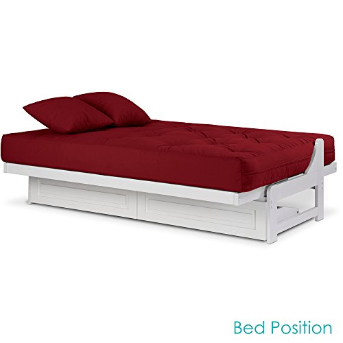 Arden White Futon Frame with Storage Drawers Full or Queen Size Solid Hardwood Armless Sofa