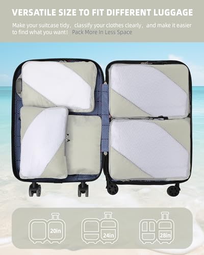 Panzong Compression Packing Cubes, 7 Set Travel Packing Cubes for Organizer Boxes, Compressible Luggage Cubes for Women/Men - Essential Travel Accessories for Carry on Suitcases (Beige)