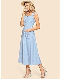 milumia mujeres correa de espagueti botón Up Flounce recortar rayado bolsillo Cami Midi vestido