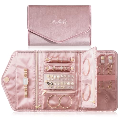 Lolalet Travel Jewelry Organizer Case, Foldable Velvet Jewellery Roll Pouch Fashion Traveling Jewelry Wallet Envelope Clutch for Rings Earrings Necklaces Bracelets Brooches Eardrops Watch -Pink