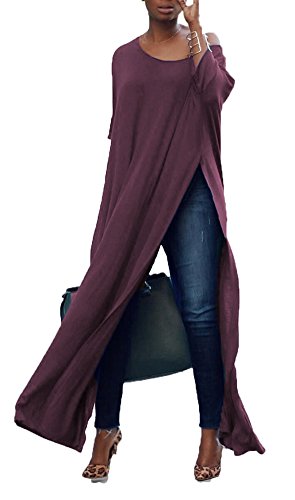 Womens Casual Off One Shoulder Batwing Long Sleeve Split Maxi Long T Shirt Dress Purple XL