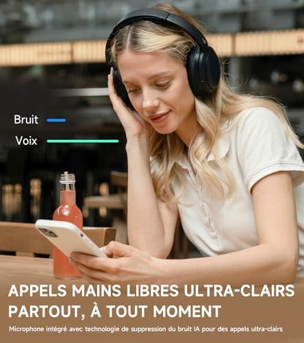 W800BT Pro Casque sans Fil Hybride de Réduction de Bruit Actif - Son Haute Résolution - IA Annule Bruit Appels - 45 Heures de Lecture - Charge Rapide - Pliable - Bluetooth 5.4 - Noir