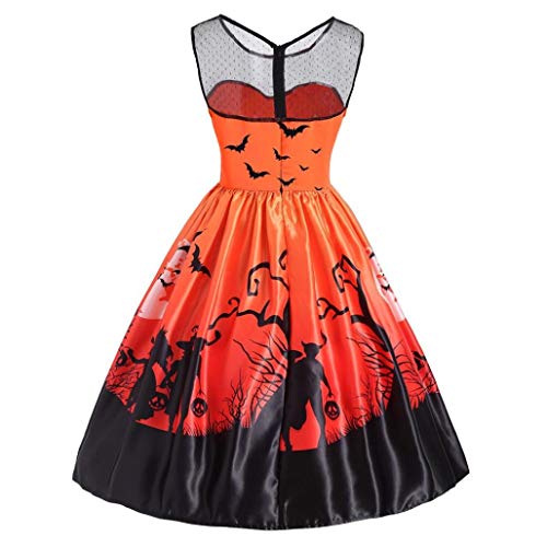 DEATU Ladies Halloween Dresses Big Promotion! Teen Girls Womens Vintage O-Neck Print Chic Sleeveless Halloween Party Swing Dress(Orange,XXL)